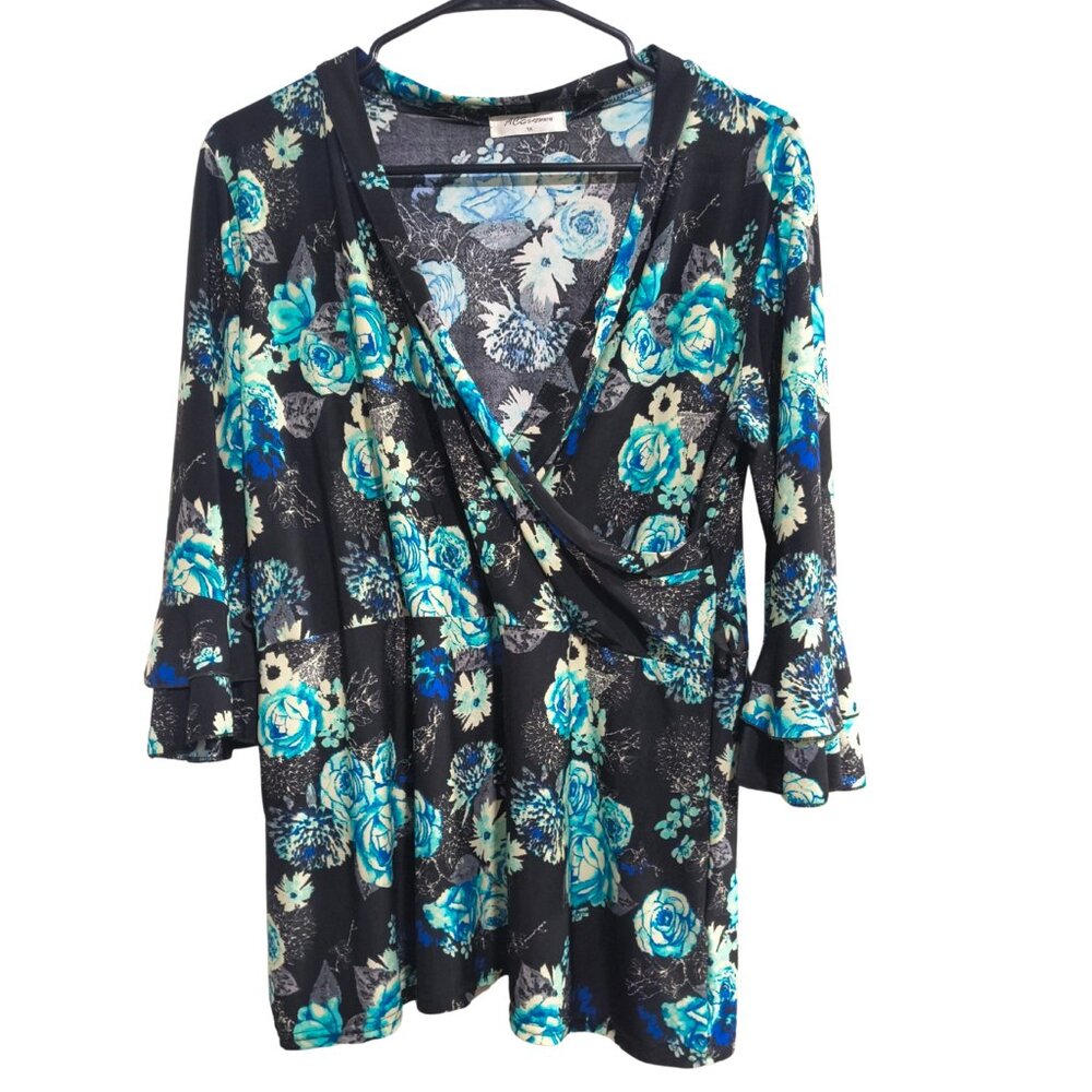 ACE Fashion 1X Blue Teal Floral Faux Wrap V-Neck Bell Sleeve Blouse